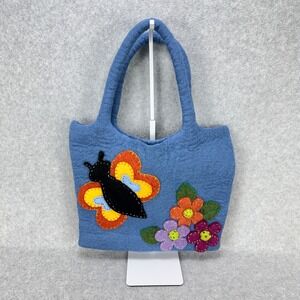Handmade Felt Tote Bag Small Blue Butterfly Floral Cottagecore Boho Artisan
